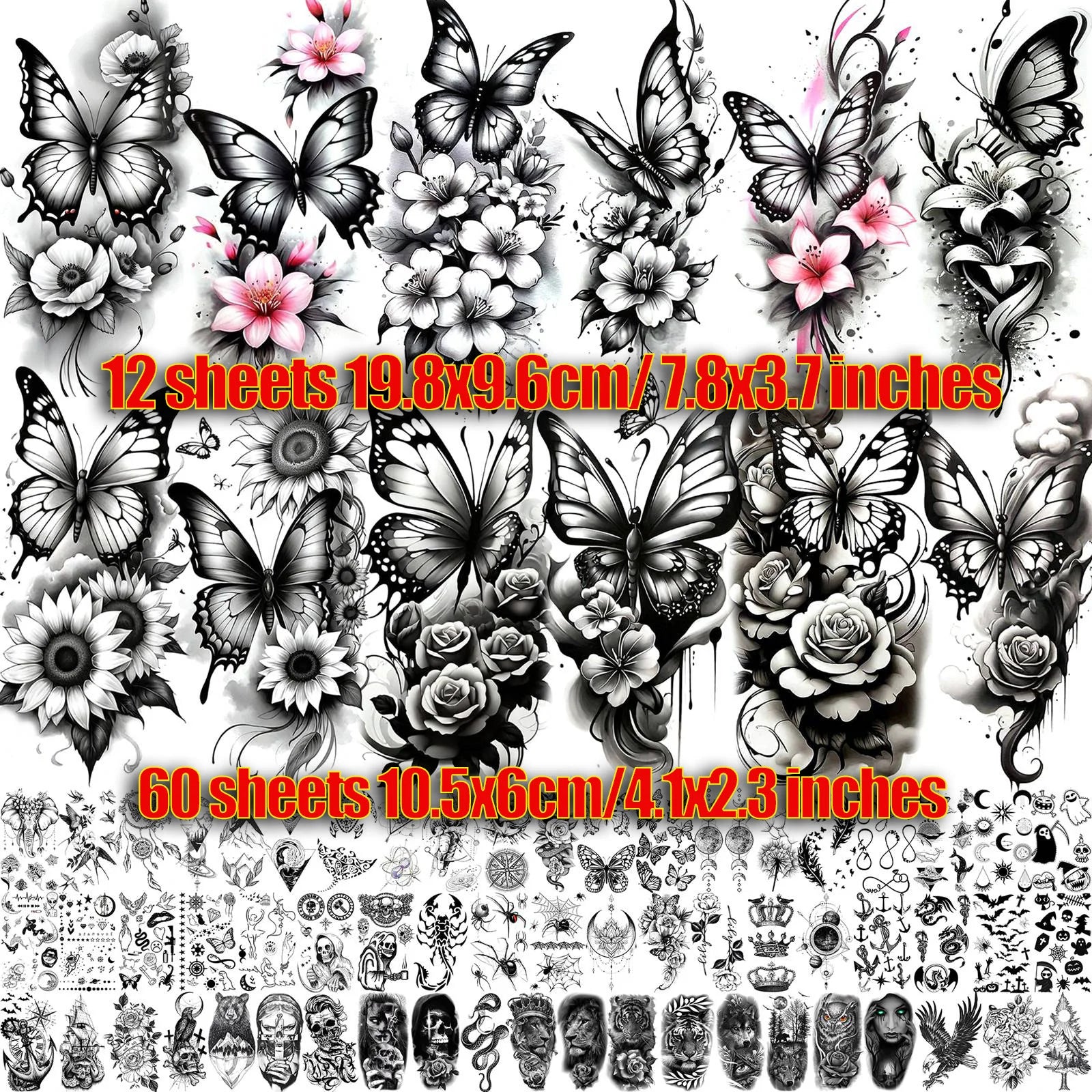 72 Sheets 3D Butterfly With Flowers Temporary Tattoos For Women Girls Body Art Tatoos Waterproof Realistic  Fake Tattoo Stickers